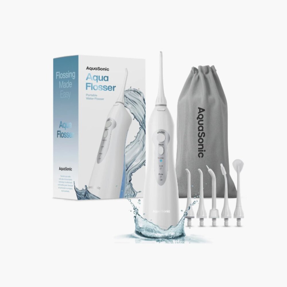 NEW AQUASONIC White Water Flosser with 4 Tips & Travel Pouch​
